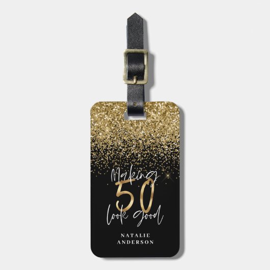 Moderne glitter zwart en goud 50e verjaardag bagagelabel (Voorkant verticaal)
