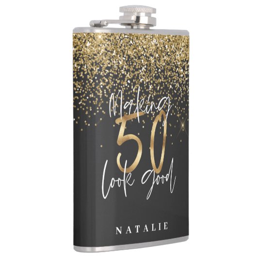 Moderne glitter zwart en goud 50e verjaardag heupfles (Rechts)
