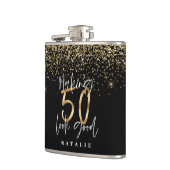 Moderne glitter zwart en goud 50e verjaardag heupfles (Links)