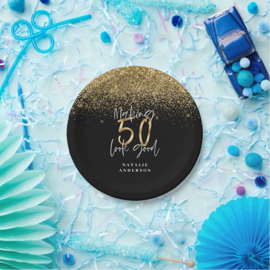 Moderne glitter zwart en goud 50e verjaardag papieren bordje (Feest)