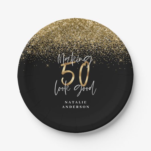 Moderne glitter zwart en goud 50e verjaardag papieren bordje (Voorkant)