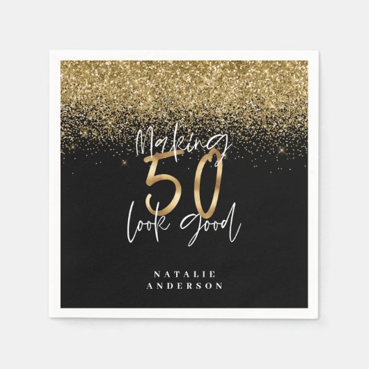 Moderne glitter zwart en goud 50e verjaardag servet (Voorkant)