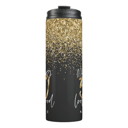 Moderne glitter zwart en goud 50e verjaardag thermosbeker (Voorkant)
