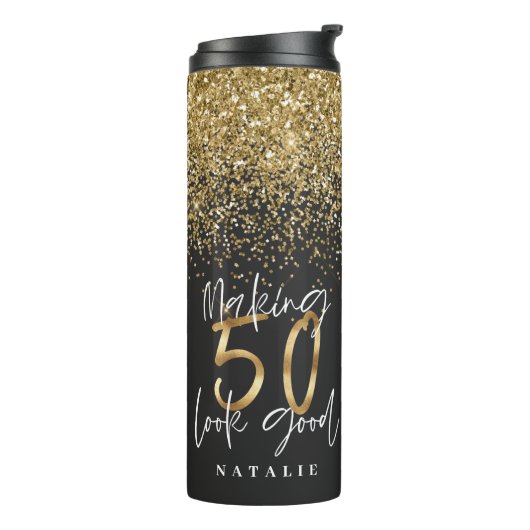 Moderne glitter zwart en goud 50e verjaardag thermosbeker (Gedraaid links)