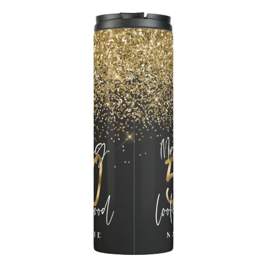 Moderne glitter zwart en goud 50e verjaardag thermosbeker (Achterkant)