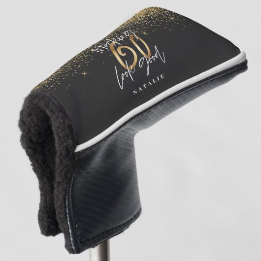 Moderne glitter zwart en goud 60ste verjaardag golfheadcover (3/4 voorkant)