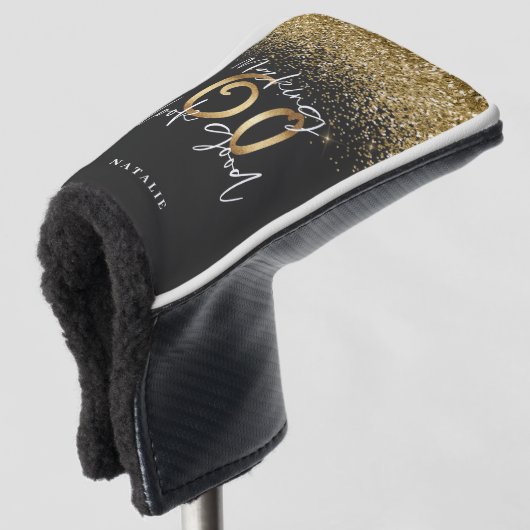 Moderne glitter zwart en goud 60ste verjaardag golfheadcover (3/4 voorkant)