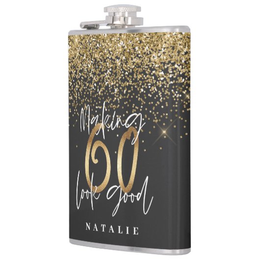 Moderne glitter zwart en goud 60ste verjaardag heupfles (Links)