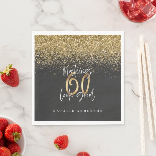 Moderne glitter zwart en goud 60ste verjaardag servet (Insitu)