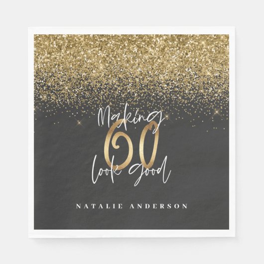 Moderne glitter zwart en goud 60ste verjaardag servet (Voorkant)