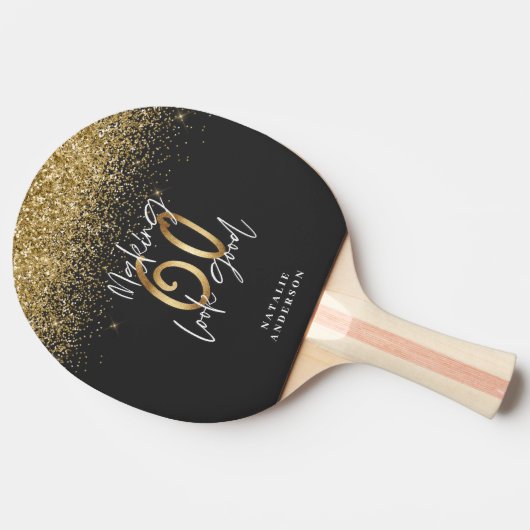 Moderne glitter zwart en goud 60ste verjaardag tafeltennisbatje (Zijkant)