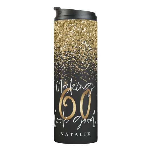 Moderne glitter zwart en goud 60ste verjaardag thermosbeker (Geroteerd rechts)