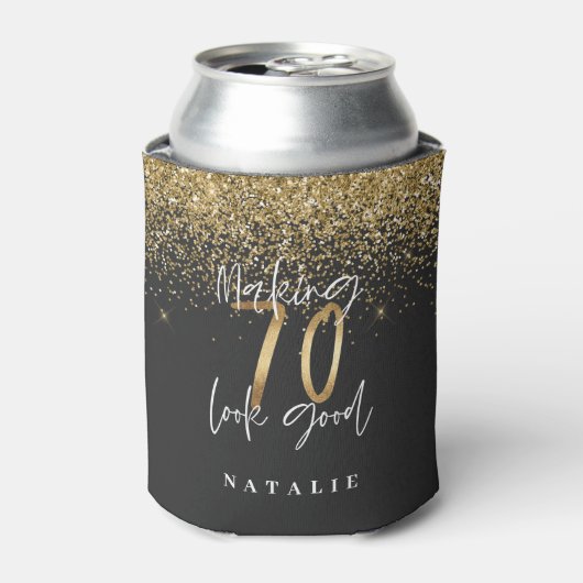 Moderne glitter zwart en goud 70e verjaardag blikjeskoeler (Blikje Voorkant)