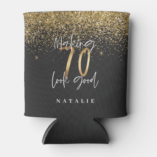 Moderne glitter zwart en goud 70e verjaardag blikjeskoeler (Voorkant)