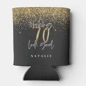 Moderne glitter zwart en goud 70e verjaardag blikjeskoeler (Achterkant)
