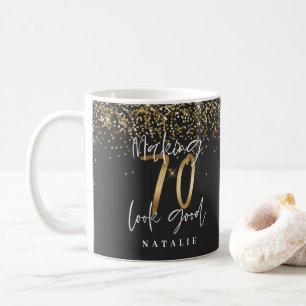 Moderne glitter zwart en goud 70e verjaardag koffiemok