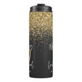 Moderne glitter zwart en goud 70e verjaardag thermosbeker (Voorkant)