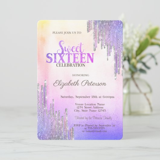 Moderne glitterdrips ombre metallisch zoet 16 kaart (Staand voorkant)