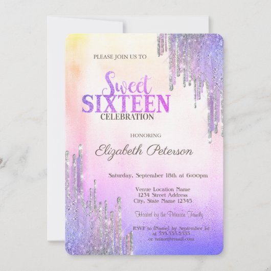 Moderne glitterdrips ombre metallisch zoet 16 kaart (Voorkant)