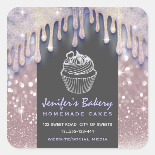 Moderne glitterdruppels script bakkerij chef vierkante sticker (Voorkant)