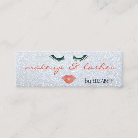 Moderne Glitterige, Zilveren, Lippen, Wimpers, Mak Mini Visitekaartje (Voorkant)