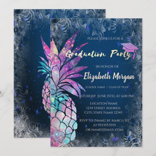 Moderne glitters eindexamenhoed, ananas kaart (Voorkant / Achterkant)