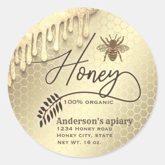 Moderne glittery druppelt het honingbijenschrift h ronde sticker (Voorkant)