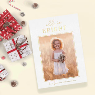 Moderne Gold "All is Bright" kerstfoto Folie H Feestdagenkaart