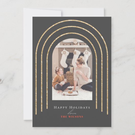 Moderne Gold Arches Foto: Dark Grey Feestdagenkaart (Voorkant)