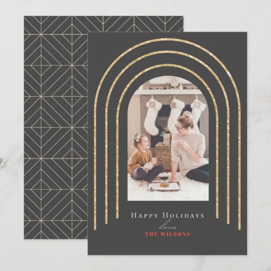 Moderne Gold Arches Foto: Dark Grey Feestdagenkaart (Voorkant / Achterkant)