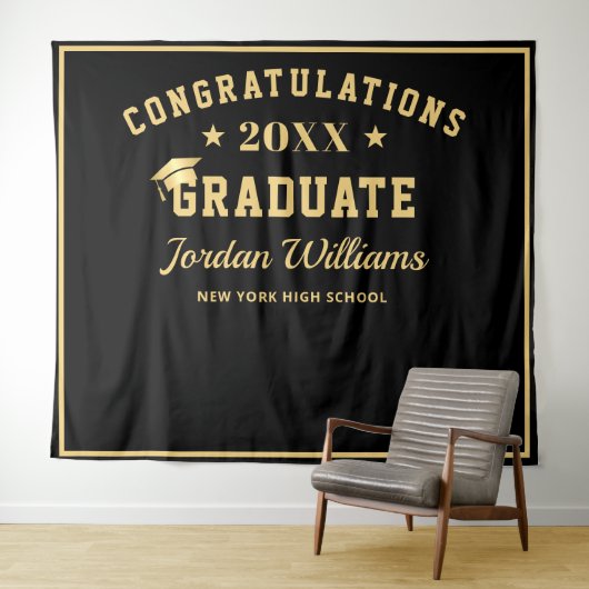 Moderne Gold Black Afstuderen Photo Booth Backdrop Wandkleed (In Situ (horizontaal))