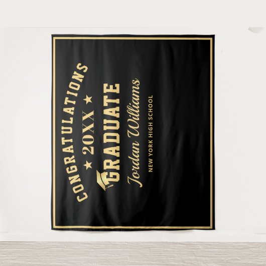 Moderne Gold Black Afstuderen Photo Booth Backdrop Wandkleed (Voorkant)