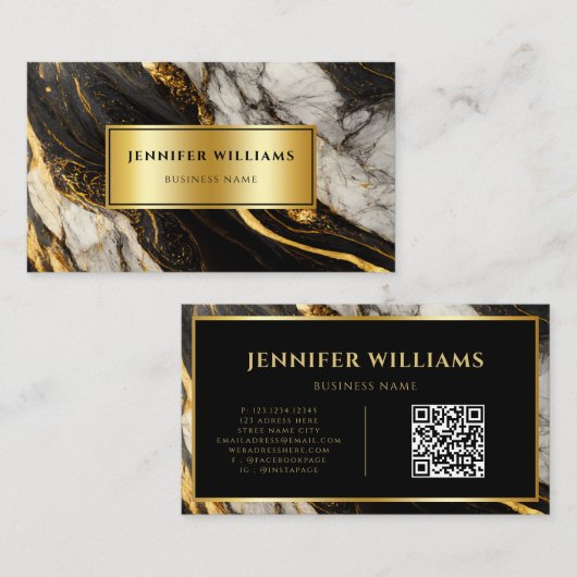 Moderne Gold Black en White Marble QR Code Visitekaartje (Voorkant / Achterkant)