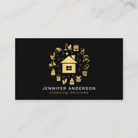 Moderne Gold & Black schoonmaakdiensten Visitekaartje (Voorkant)