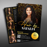 Moderne Gold Black Sparkle Photo Hair Salon Servic Flyer<br><div class="desc">Promoot uw kapsalon met deze elegante en moderne flyer. Met een verfijnd zwart en goud ontwerp, is het perfect voor het aantrekken van nieuwe klanten. De flyer bevat ruimte voor uw logo, contactgegevens en een QR-code voor eenvoudige boeking. Maak een statement met een professioneel ontwerp dat uw diensten en speciale...</div>