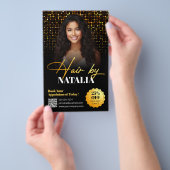 Moderne Gold Black Sparkle Photo Hair Salon Servic Flyer (Hand)