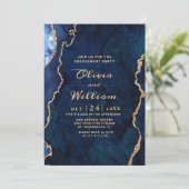 Moderne Gold Blue Marble Agate Engagement Party Kaart (Staand voorkant)
