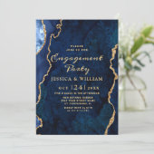 Moderne Gold Blue Marble Agate Engagement Party Kaart (Staand voorkant)