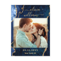 Moderne Gold Blue Marble Agate PHOTO Save the Date