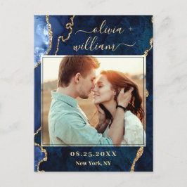 Moderne Gold Blue Marble Agate PHOTO Save the Date Briefkaart