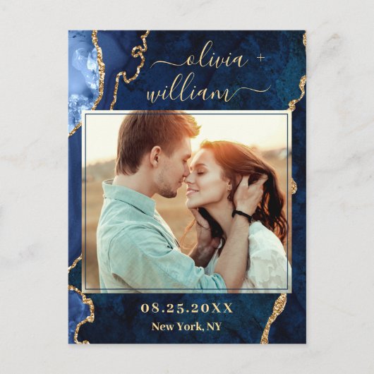 Moderne Gold Blue Marble Agate PHOTO Save the Date Briefkaart (Voorkant)
