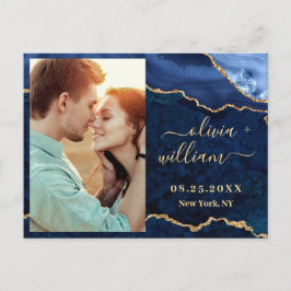 Moderne Gold Blue Marble Agate PHOTO Save the Date Briefkaart