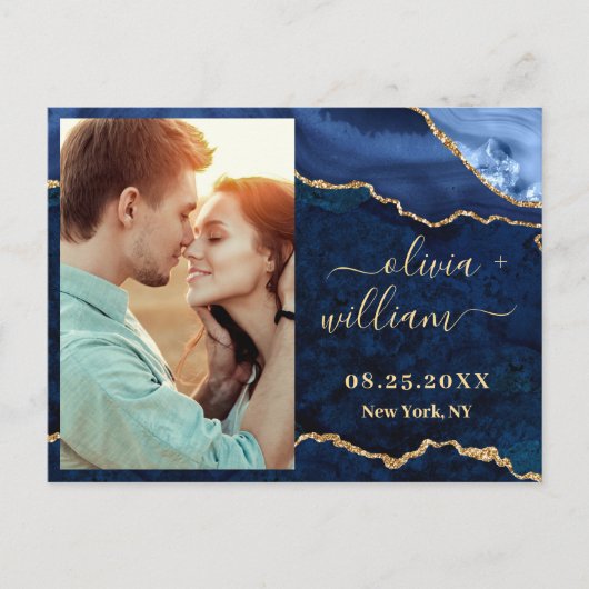 Moderne Gold Blue Marble Agate PHOTO Save the Date Briefkaart (Voorkant)