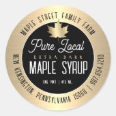 Moderne Gold Border en Leaf Pure Local Maple Syrup Ronde Sticker (Voorkant)