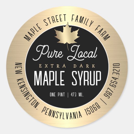 Moderne Gold Border en Leaf Pure Local Maple Syrup Ronde Sticker (Voorkant)