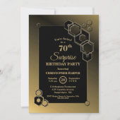 Moderne Gold Border Surprise 70th Birthday Party Kaart (Voorkant)