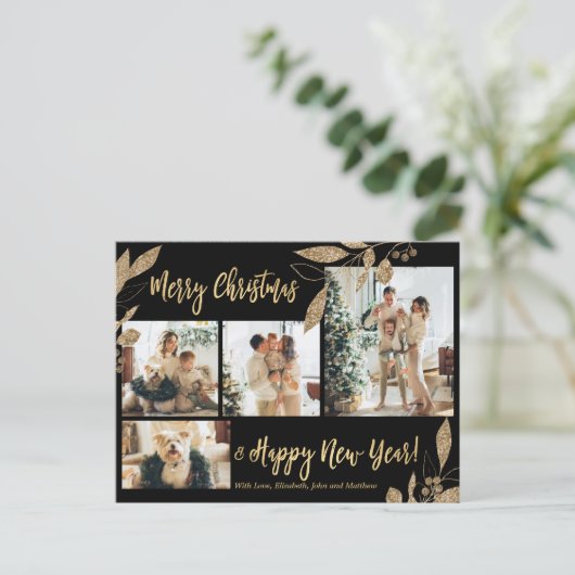 Moderne Gold Botanical 4-foto-collage kerstfoto's Briefkaart (Staand voorkant)