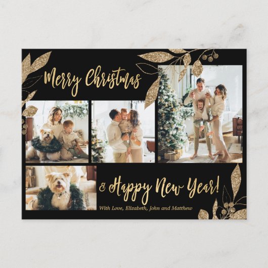 Moderne Gold Botanical 4-foto-collage kerstfoto's Briefkaart (Voorkant)