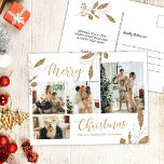 Moderne Gold Botanical 4 Foto Collage Kerstmis Briefkaart<br><div class="desc">Elegant, modern goud en witte botanische bladeren 4 Foto Collage Merry kerstvakanay Briefkaart. Deze festieve, imitalistische, grillige sjabloon met vier (4) fotovakantiedagen is voorzien van een fotocollage, faux gouden bladbladeren, winterbessen en zegt "Duurzame kerst"! De tekst van de groet "Kerst van de Zure" wordt geschreven in een prachtig hand geschreven...</div>