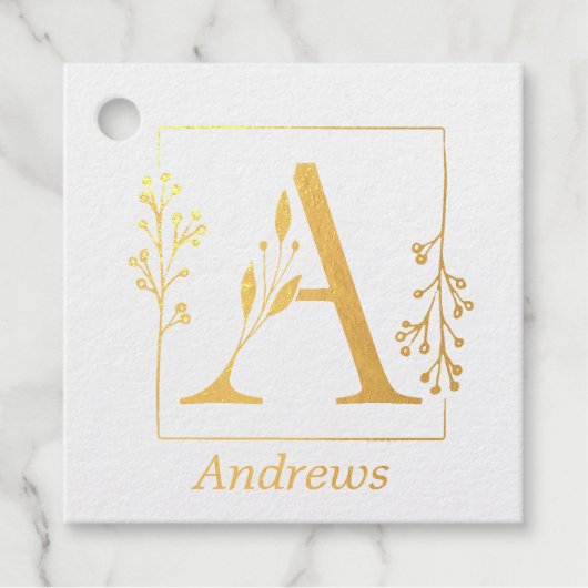 Moderne Gold Botanical Letter A Bedankjes Labels (Voorkant)